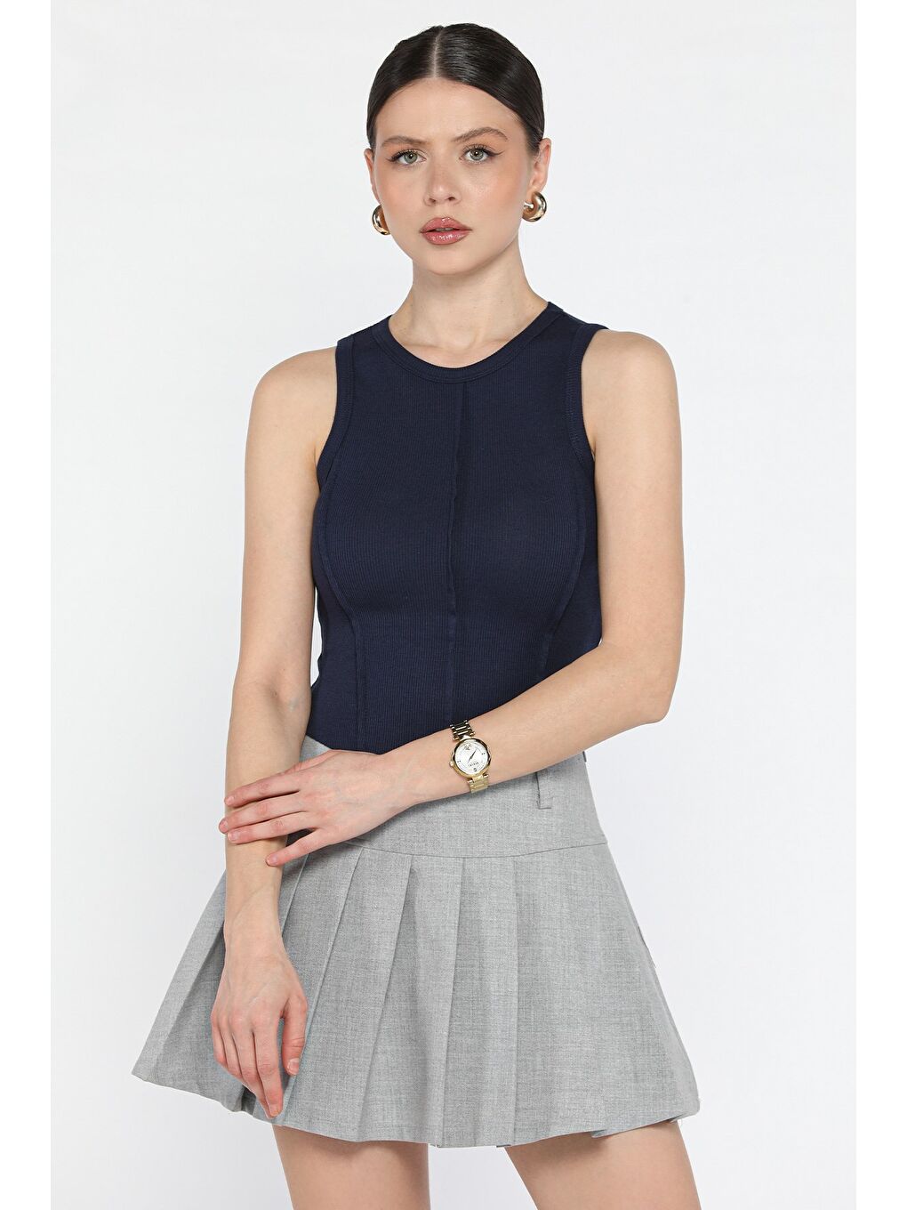 Lacivert Kadın Bisiklet Yaka Parçalı Elastanlı Bluz-1