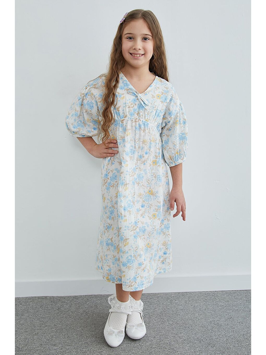 Mavi %100 Pamuk Çiçek Desenli Kız Çocuk Elbise-4