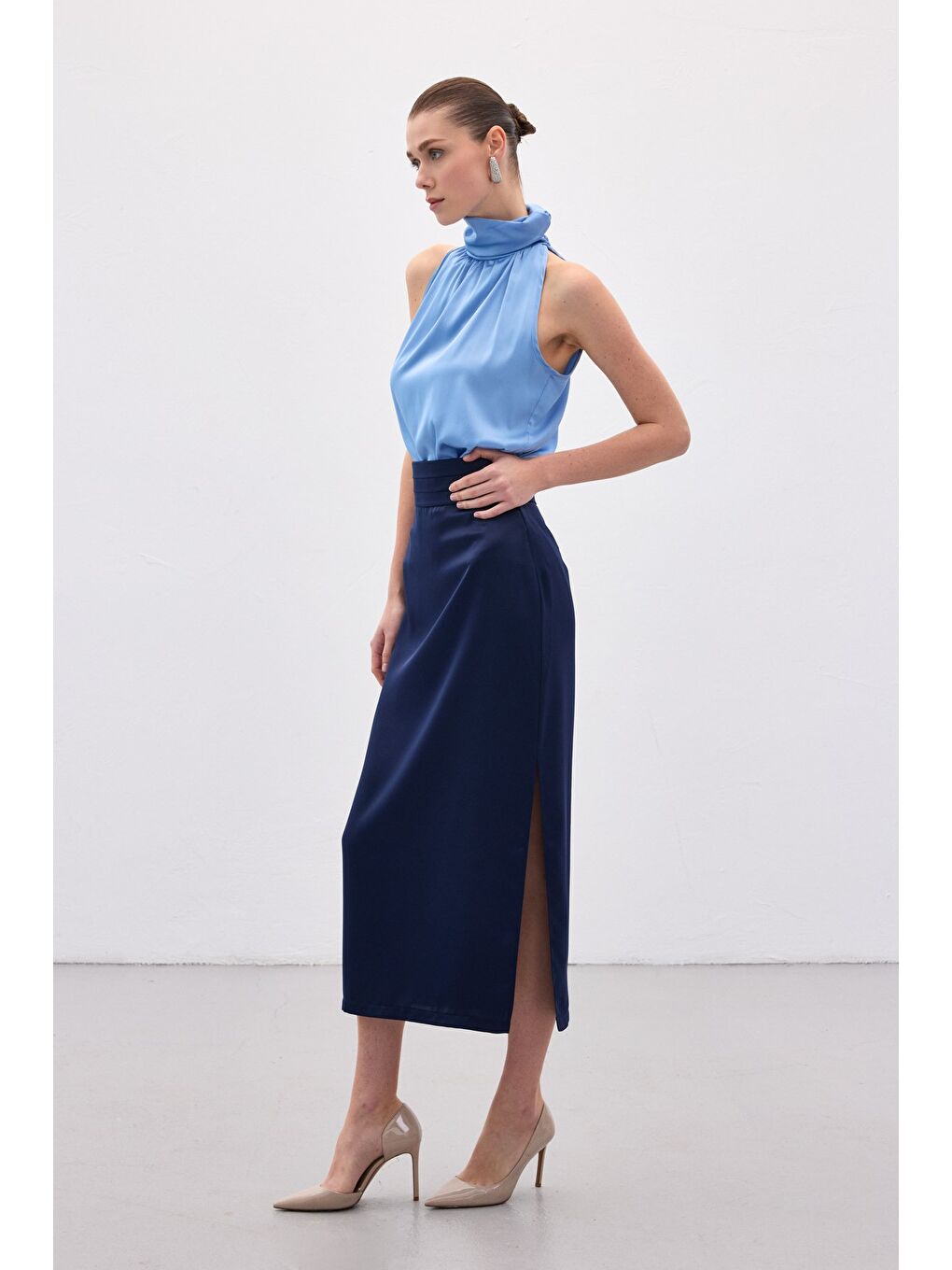 Bel Pile Detaylı Saten Etek - Lacivert-1