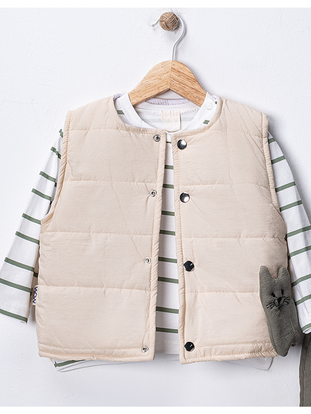 Yeşil Erkek Bebek 3’lü Takım 9-24 Ay Şişme Yelek %100 Pamuk Sweatshirt Kadife Pantolon-3