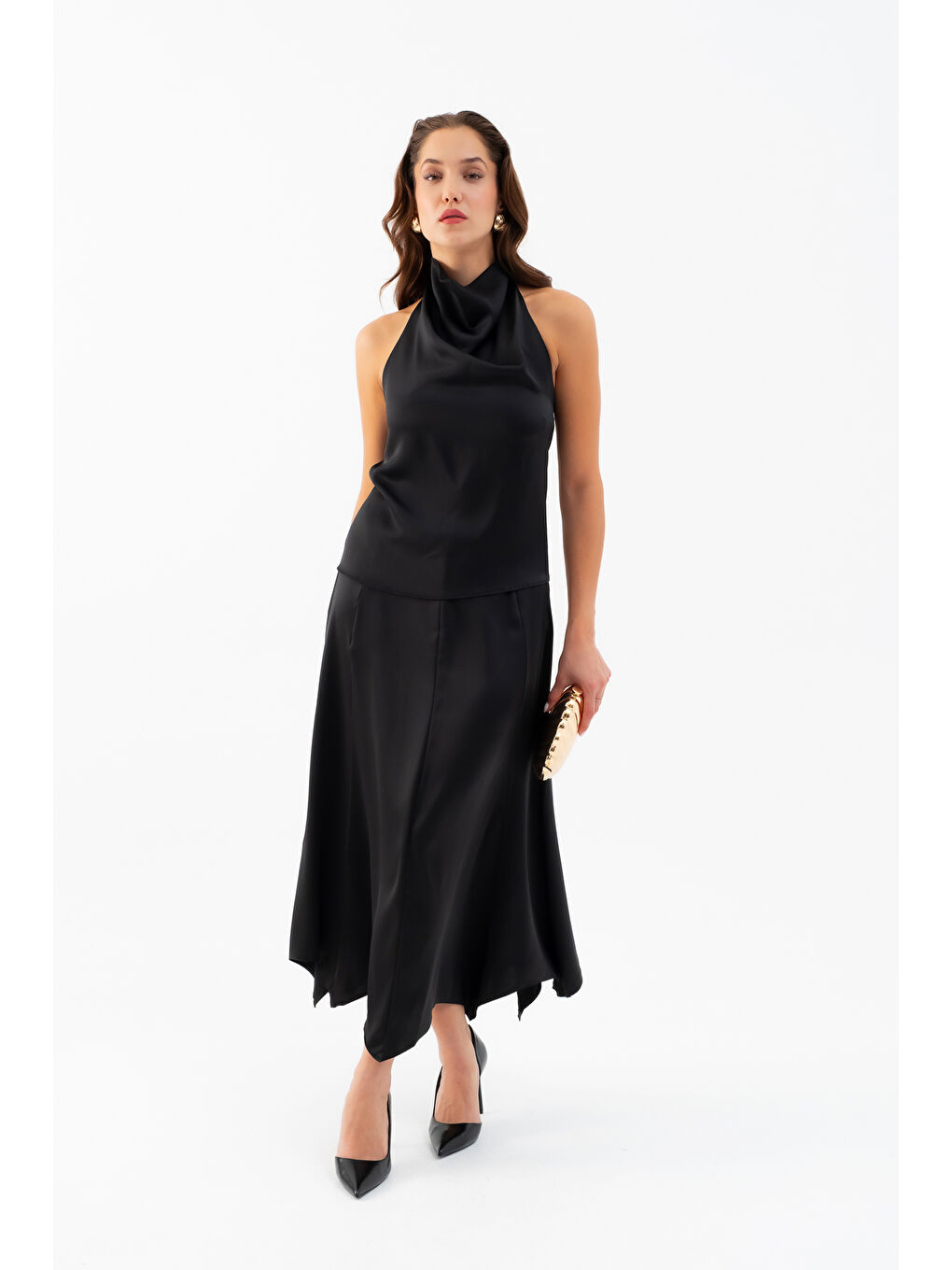 Kadın Siyah Degaje Yaka Saten Etek Bluz Takım