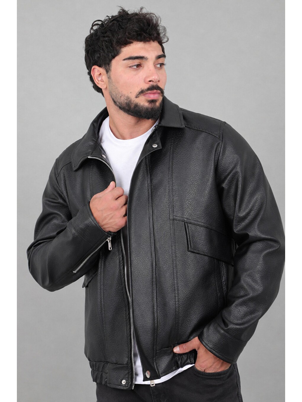 Siyah Çapraz Kapak Desenli Suni Deri Mont Kmd 842_50528-1