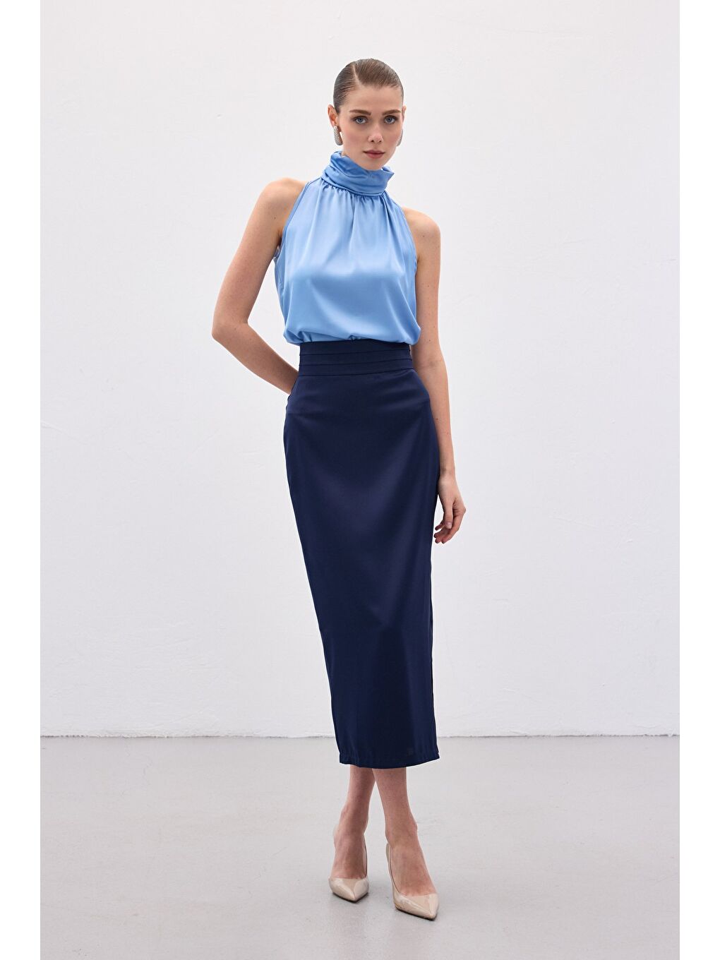 Bel Pile Detaylı Saten Etek - Lacivert-2