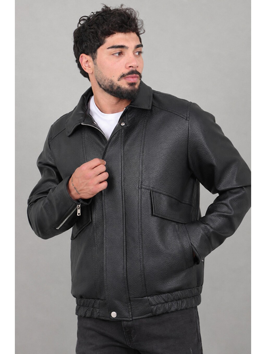 Siyah Çapraz Kapak Desenli Suni Deri Mont Kmd 842_50528-2