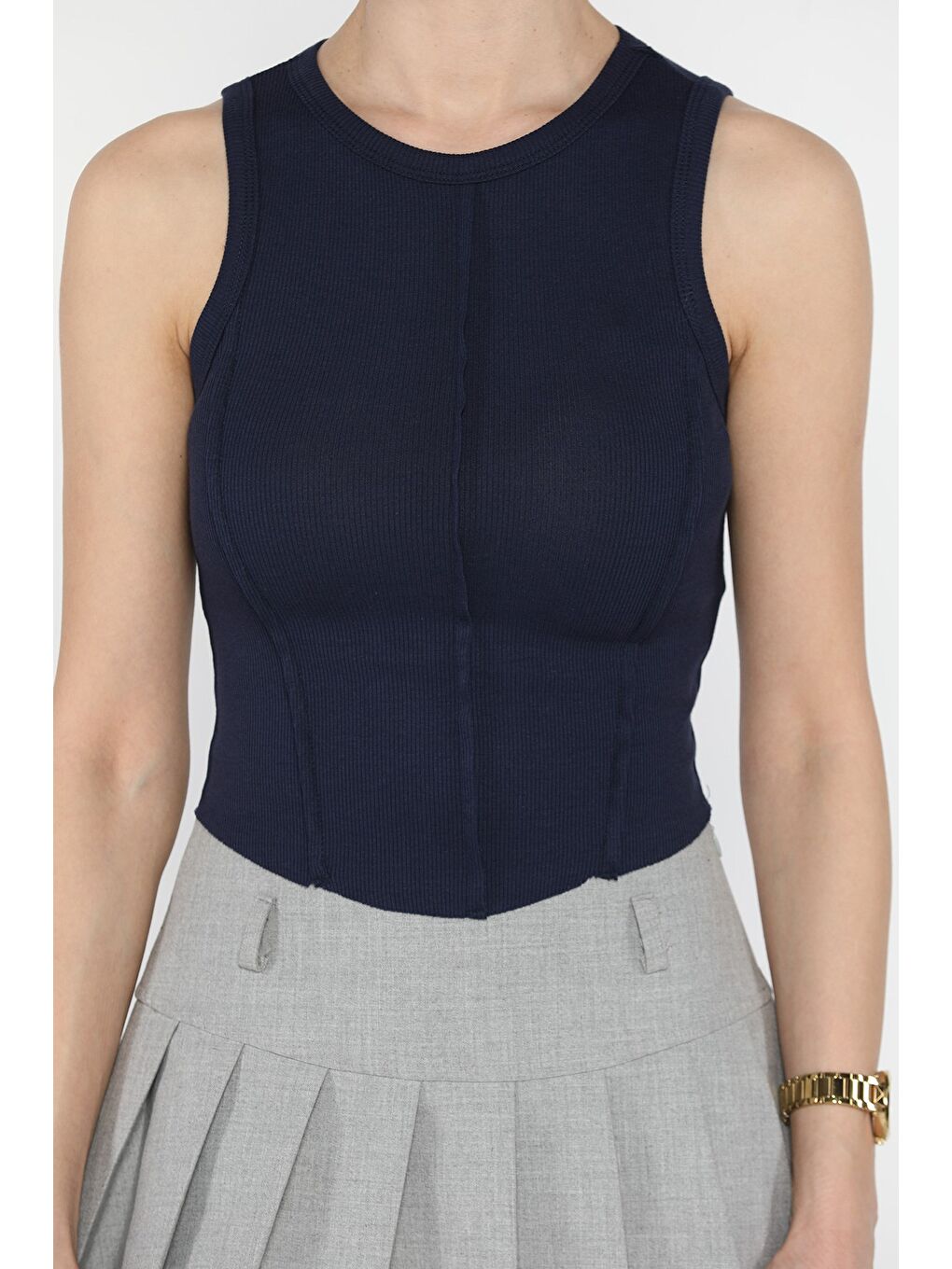 Lacivert Kadın Bisiklet Yaka Parçalı Elastanlı Bluz-3