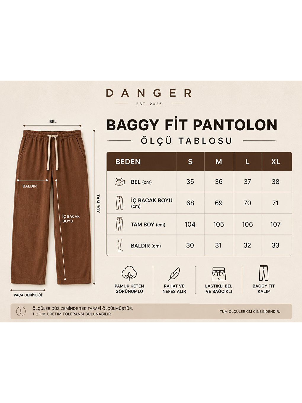 Kahverengi Erkek Baggy Kalıp Beli Lastikli %100 Pamuk Keten Görünümlü Pantolon Kiremit 1007dngr-5