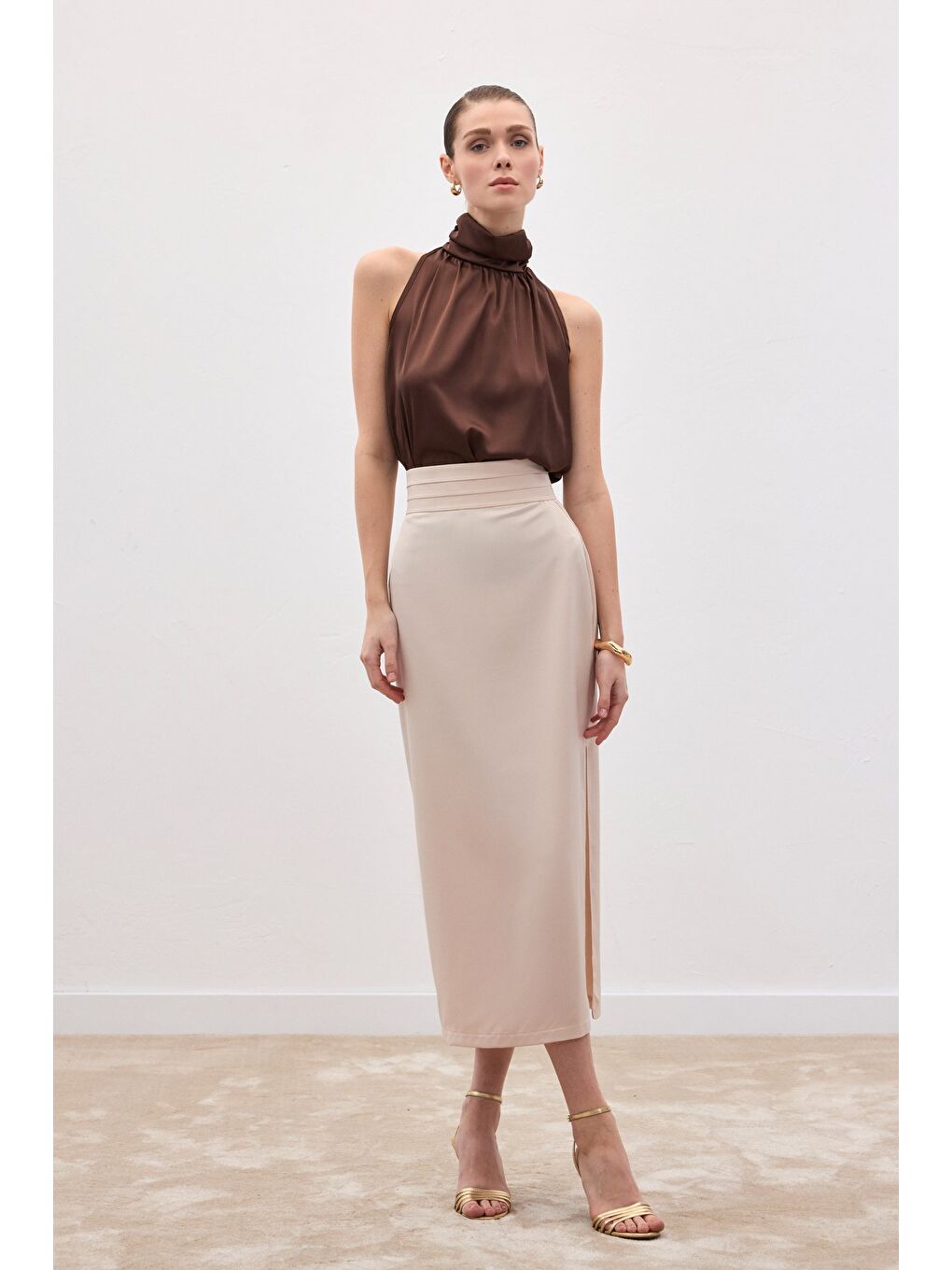 Bel Pile Detaylı Saten Etek - Bej-1