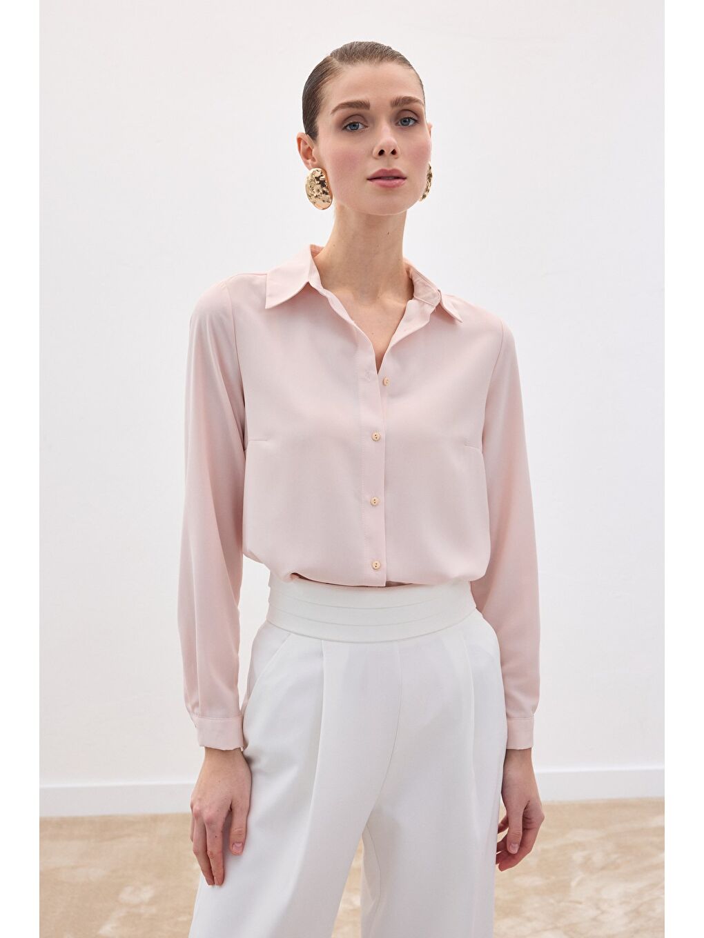 Pembe Düz Klasik Gömlek - Pudra