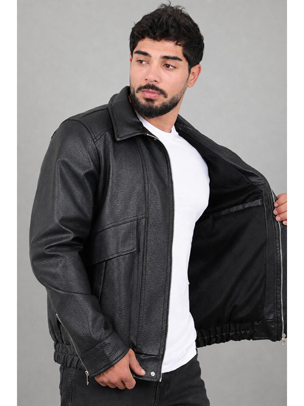 Siyah Çapraz Kapak Desenli Suni Deri Mont Kmd 842_50528-3