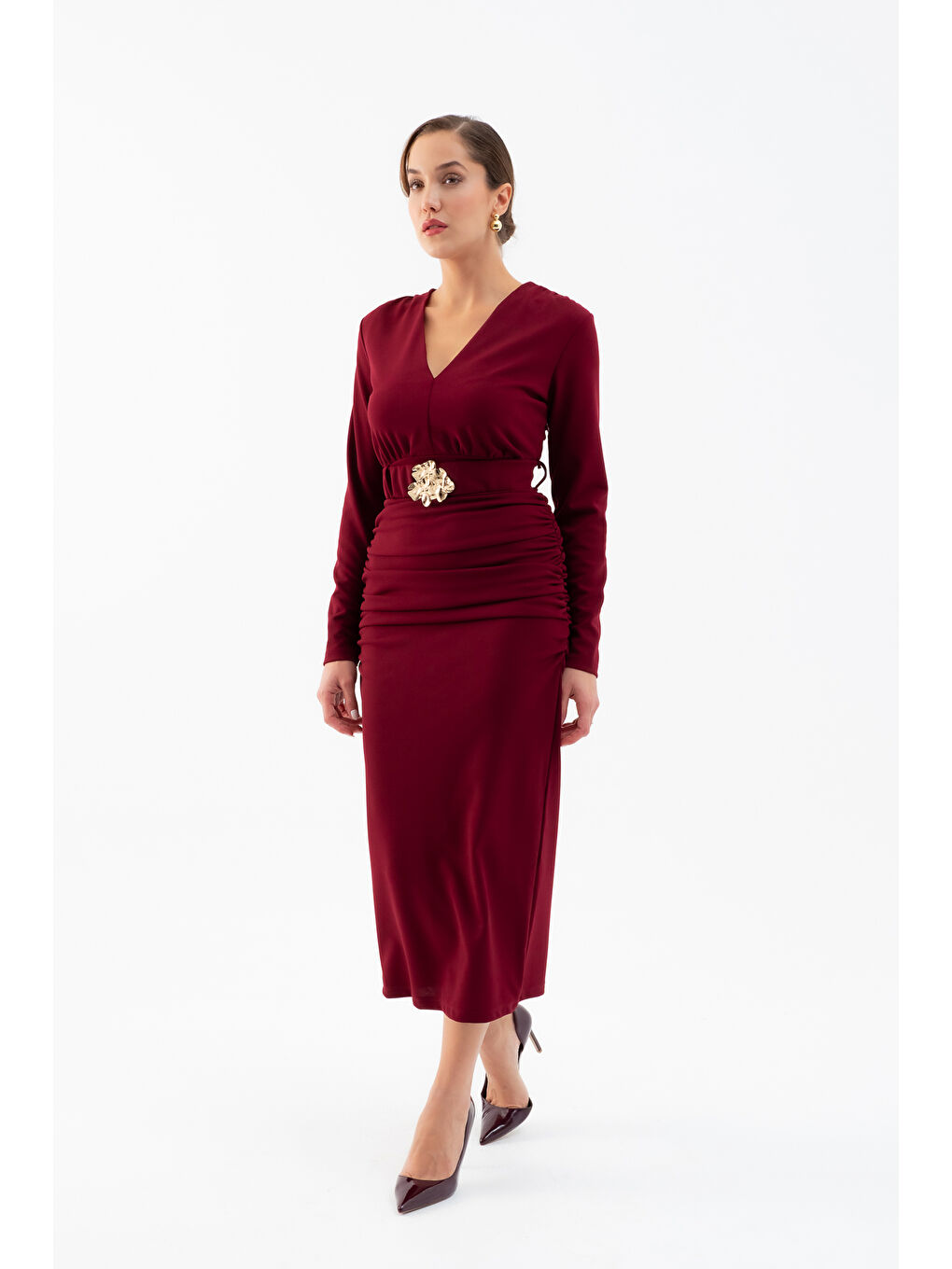 Kadın Bordo Kemerli Büzgü Detay Uzun Elbise-2
