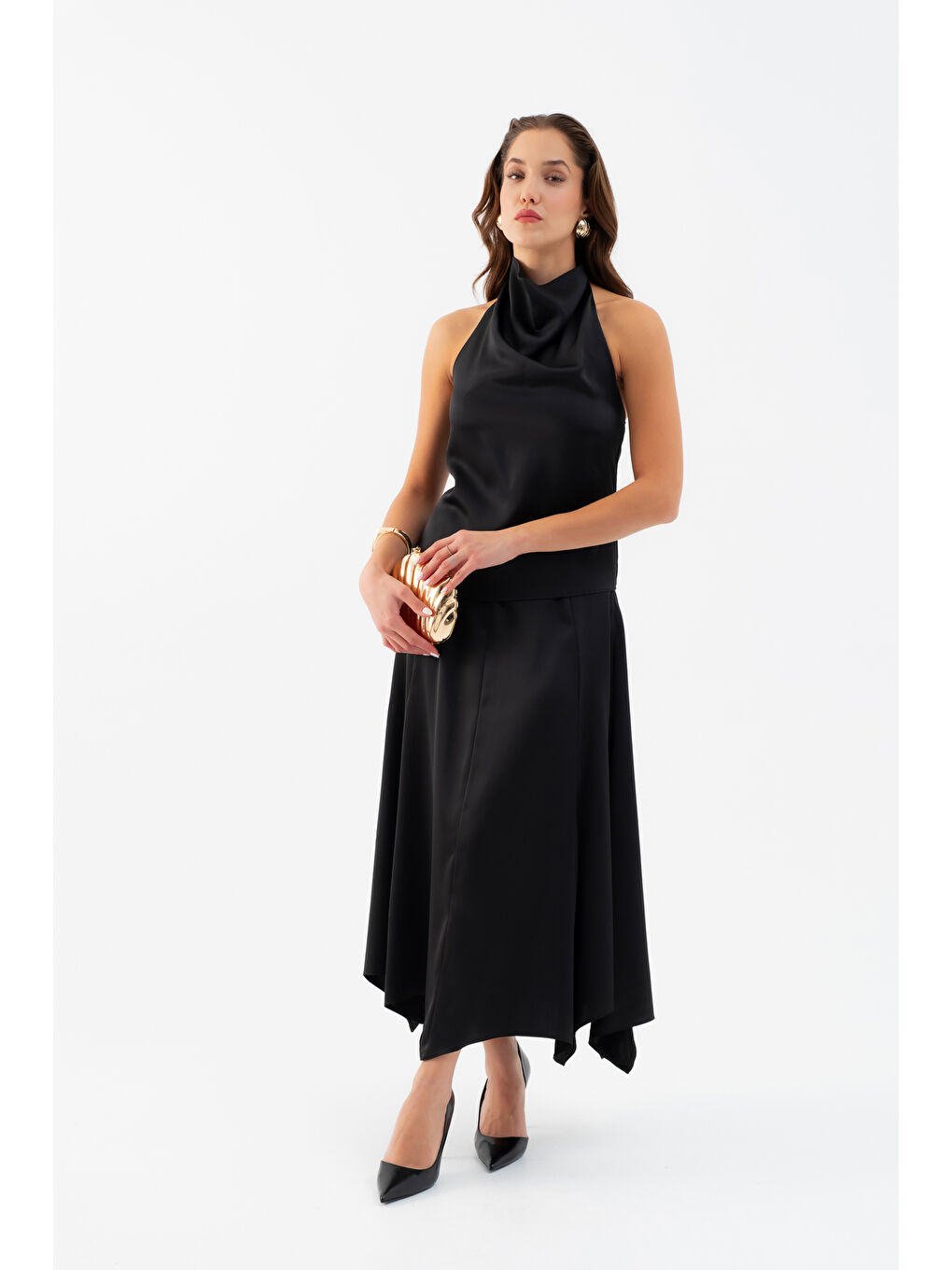 Kadın Siyah Degaje Yaka Saten Etek Bluz Takım-1