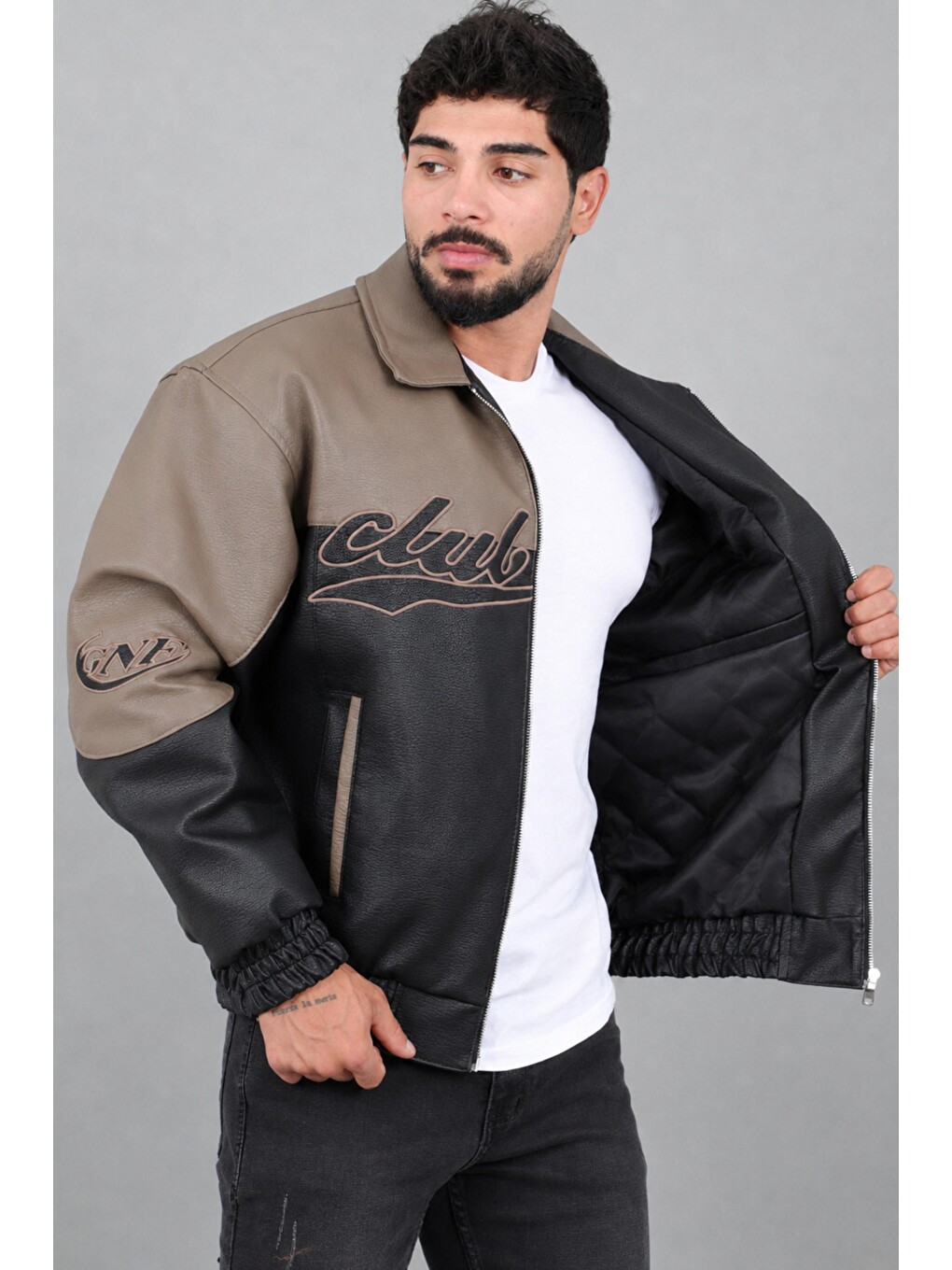 Kahverengi Baskılı Çift Renk Oversize Suni Deri Mont Kmd 882_50531-3