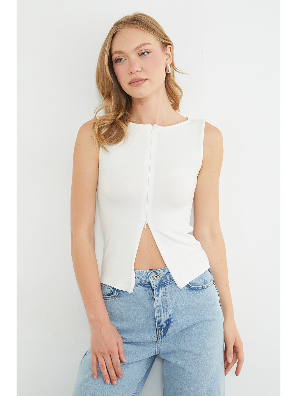Ekru Çift Fermuarlı Slim Fit Bluz-1