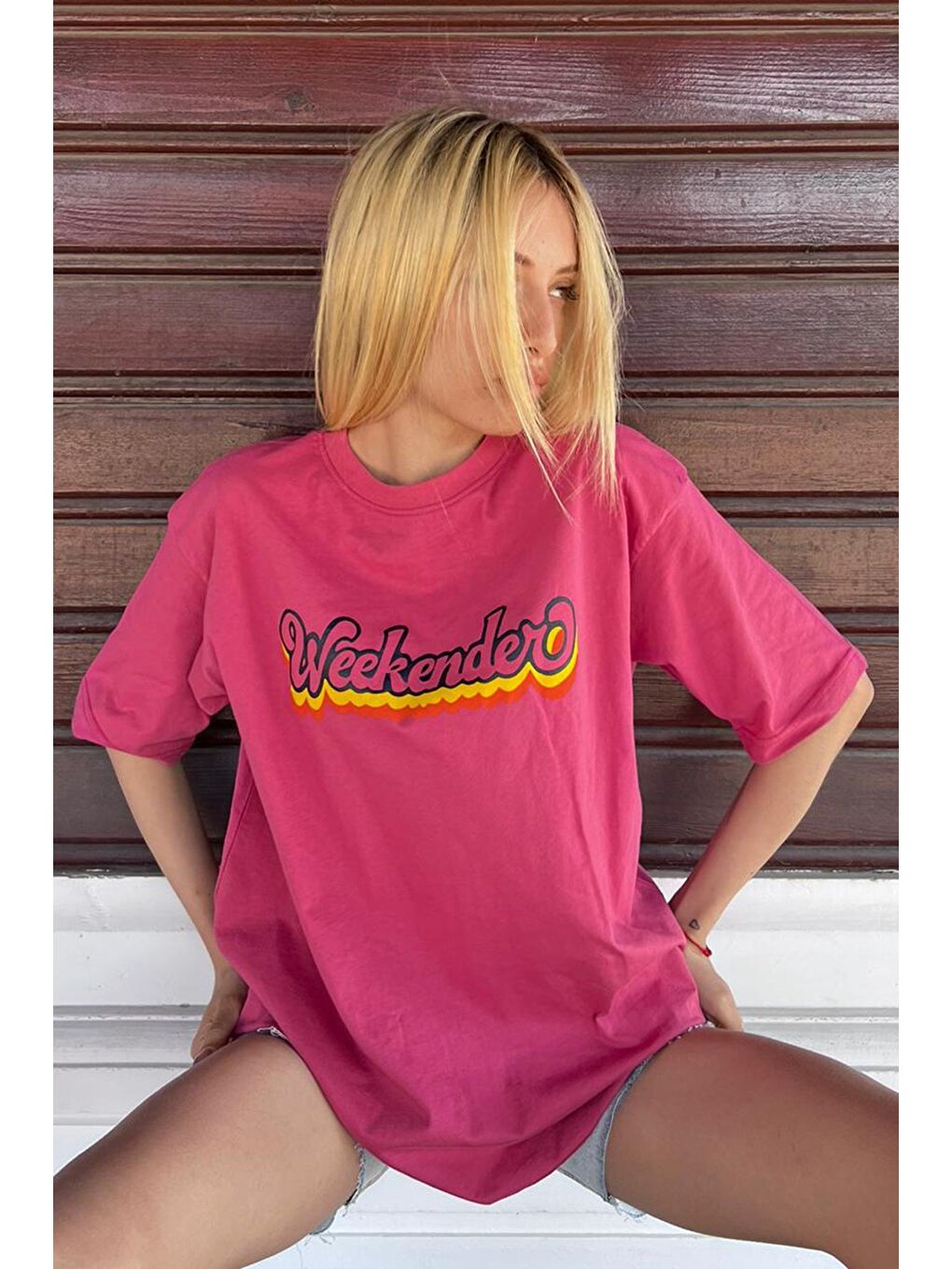 Pembe Baskılı Oversize Yuvarlak Yaka Kadın Tişört-5