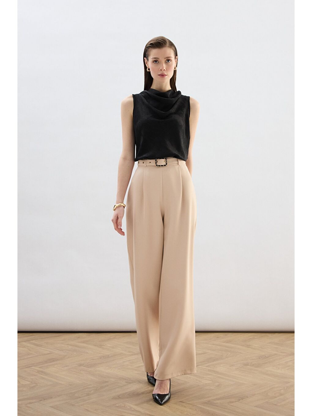 Kemerli Bol Pantolon - Bej-2