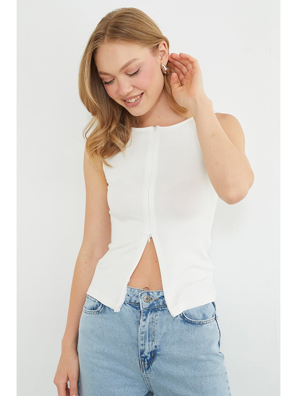 Ekru Çift Fermuarlı Slim Fit Bluz-3