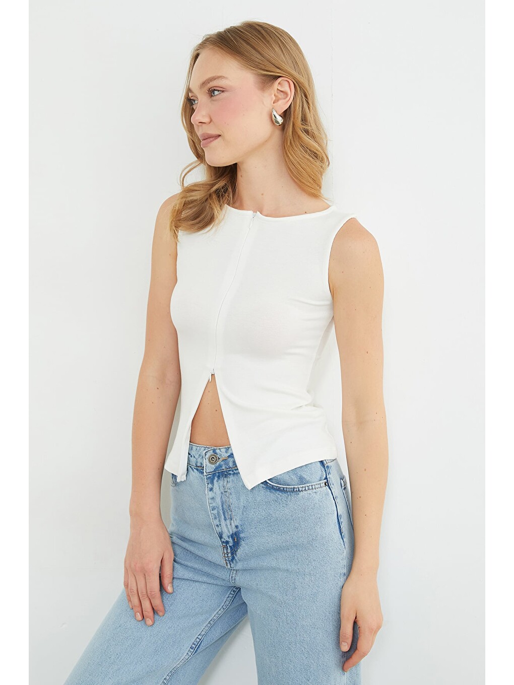 Ekru Çift Fermuarlı Slim Fit Bluz-4