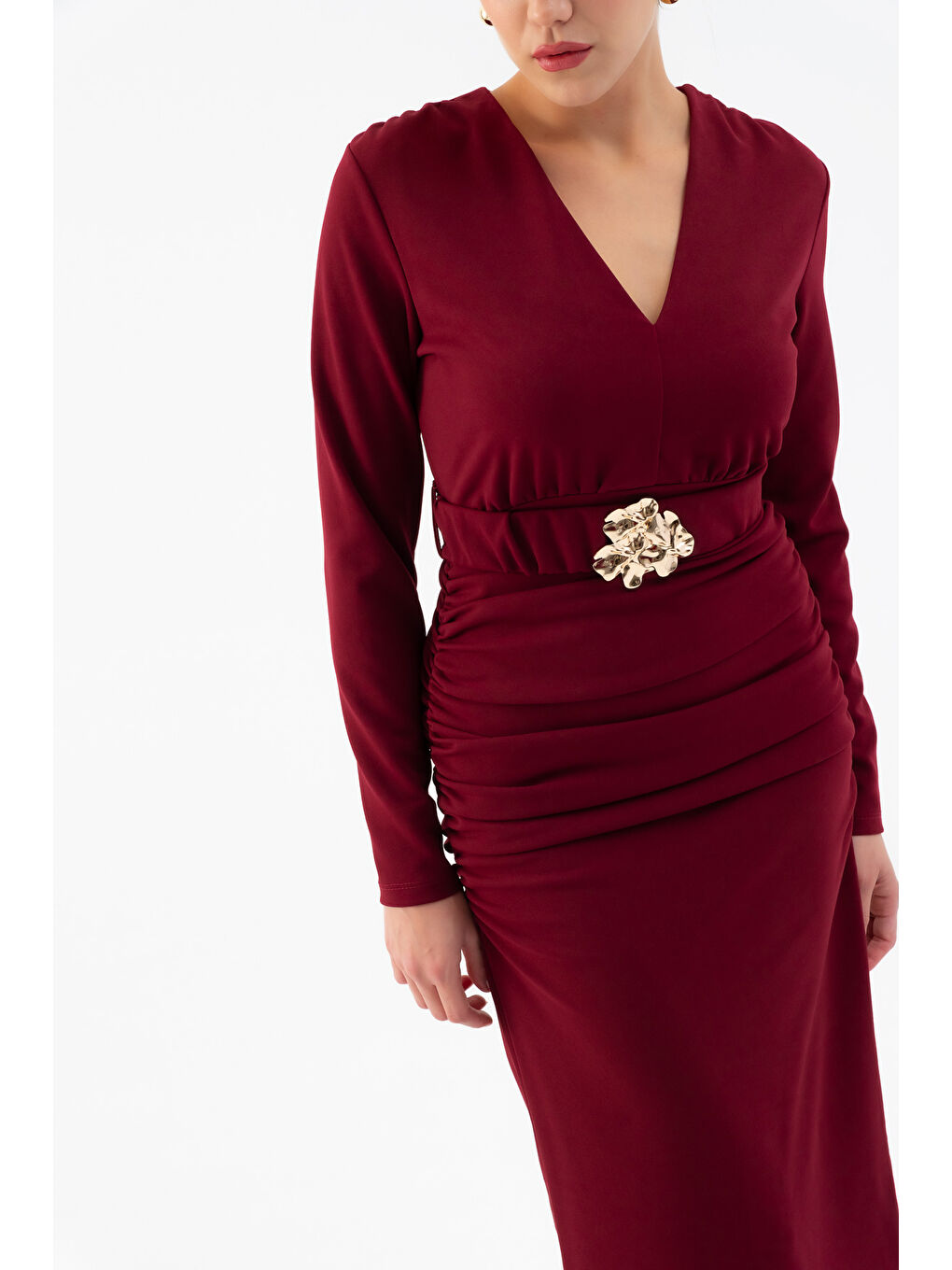 Kadın Bordo Kemerli Büzgü Detay Uzun Elbise-3