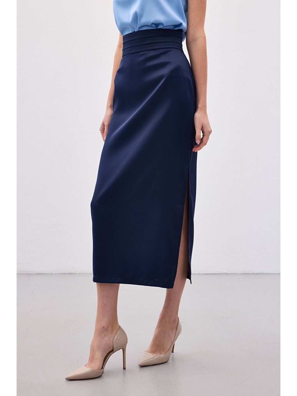 Bel Pile Detaylı Saten Etek - Lacivert-6