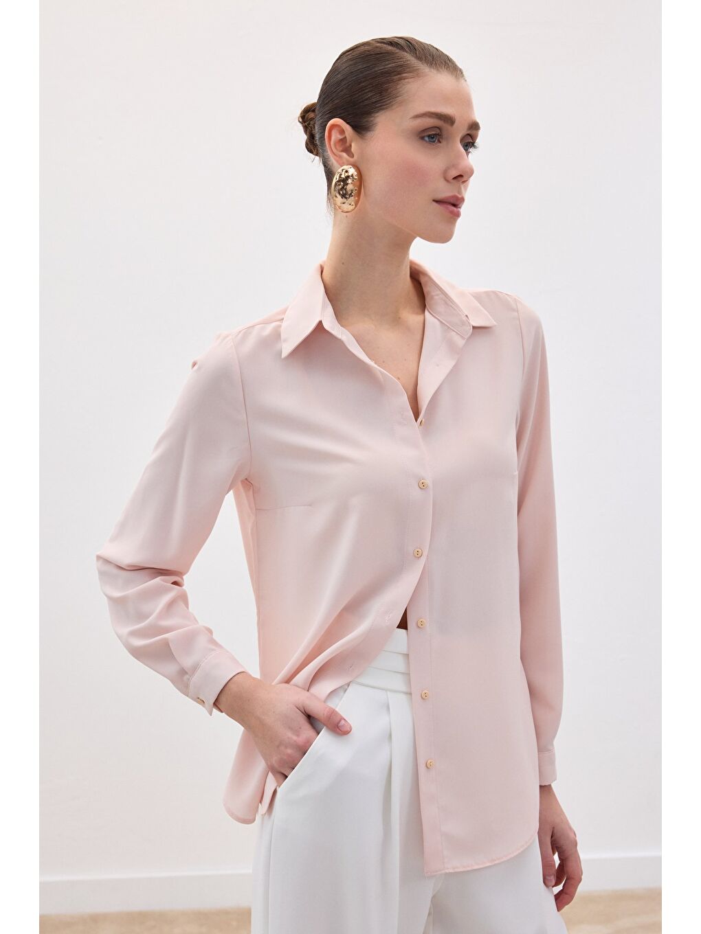 Pembe Düz Klasik Gömlek - Pudra-1