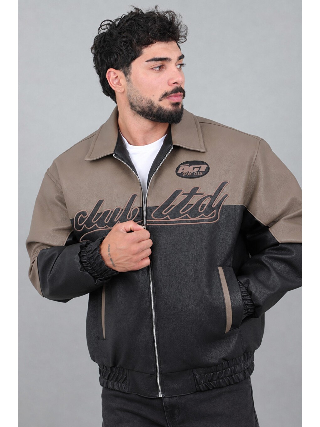 Kahverengi Baskılı Çift Renk Oversize Suni Deri Mont Kmd 882_50531-4