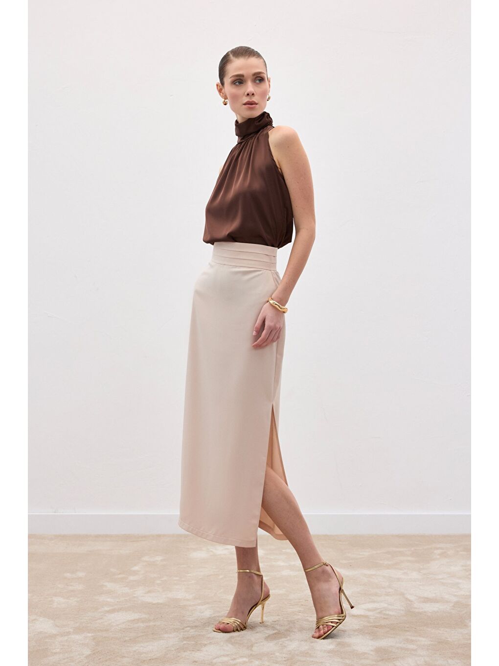Bel Pile Detaylı Saten Etek - Bej-4