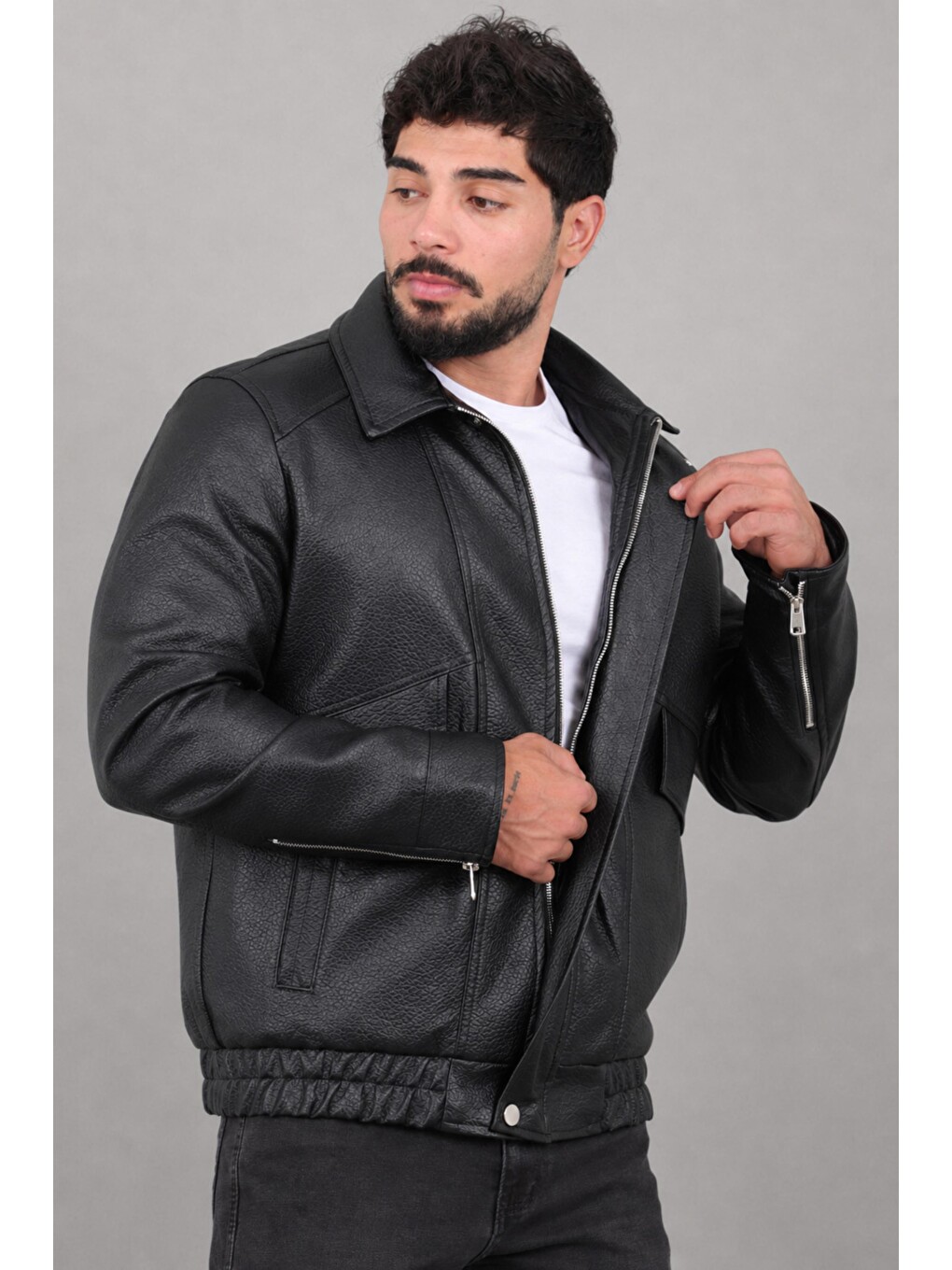Siyah Çapraz Kapak Desenli Suni Deri Mont Kmd 842_50528-4