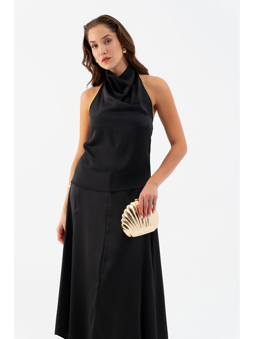 Kadın Siyah Degaje Yaka Saten Etek Bluz Takım-2