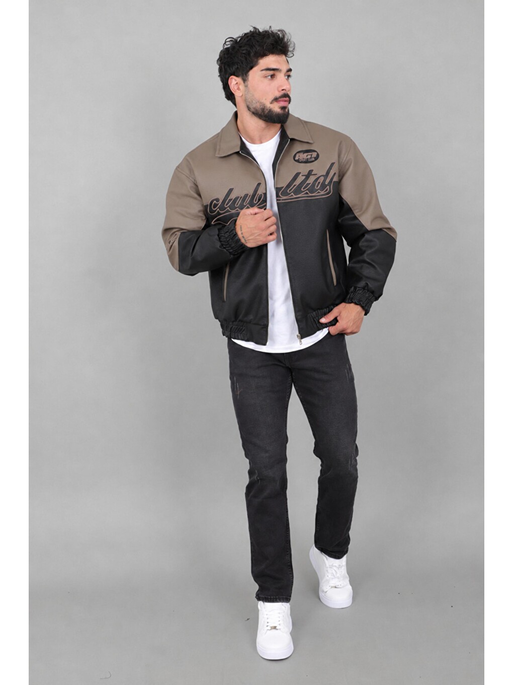 Kahverengi Baskılı Çift Renk Oversize Suni Deri Mont Kmd 882_50531-5