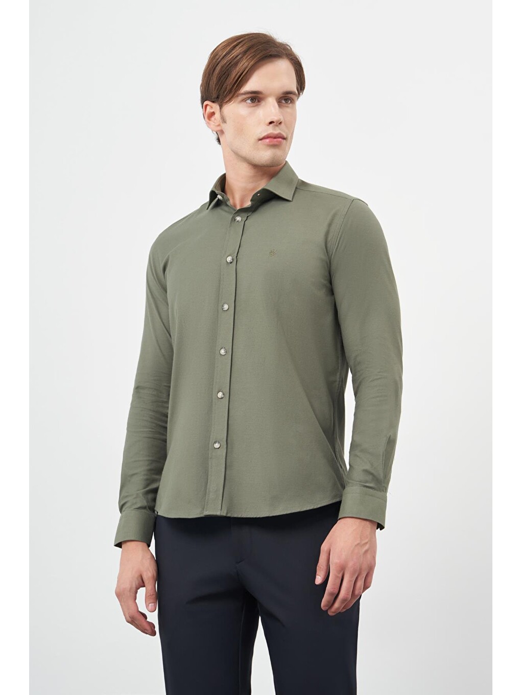 Koyu Haki Uzun Kol Düz Yarım İtalyan Yaka Cepsiz Pamuklu Classic Slim Fit Gömlek 1004245211