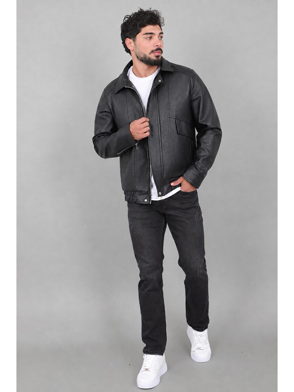 Siyah Çapraz Kapak Desenli Suni Deri Mont Kmd 842_50528-5