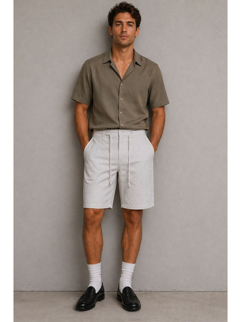 Gri Erkek %100 Pamuk Linen Şort Rahat Kesim Yazlık Şort-1