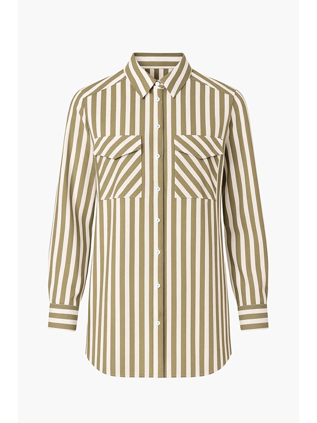 Bej Modal Dokulu Vizon Rengi Çizgili Cepli Gömlek