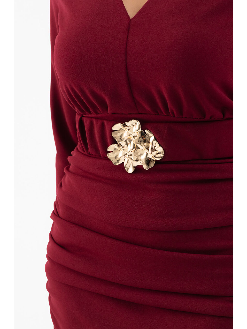 Kadın Bordo Kemerli Büzgü Detay Uzun Elbise-4