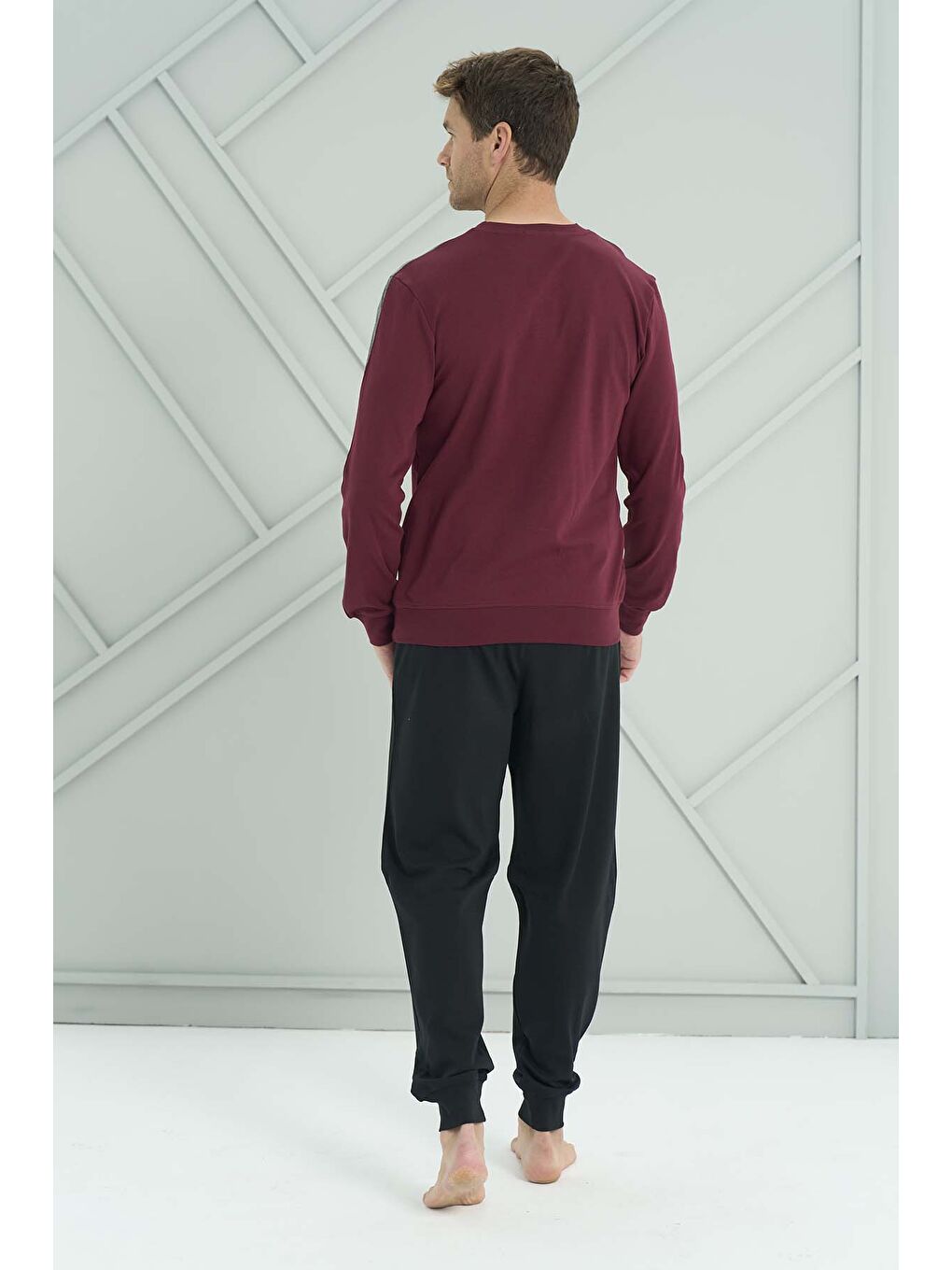 Siyah Erkek Penye Uzun Kol Pijama Takımı 2225 Bordo01-2