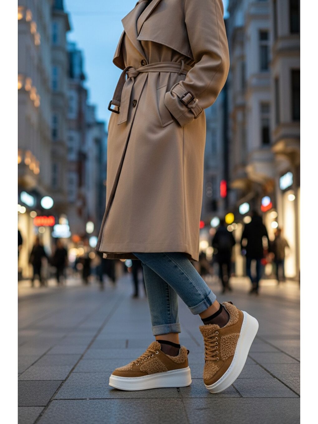 Kahverengi FLEECY Kalın Taban Bağcıklı Pelüş Detaylı Kadın Kışlık Sneaker Spor Ayakkabı-6