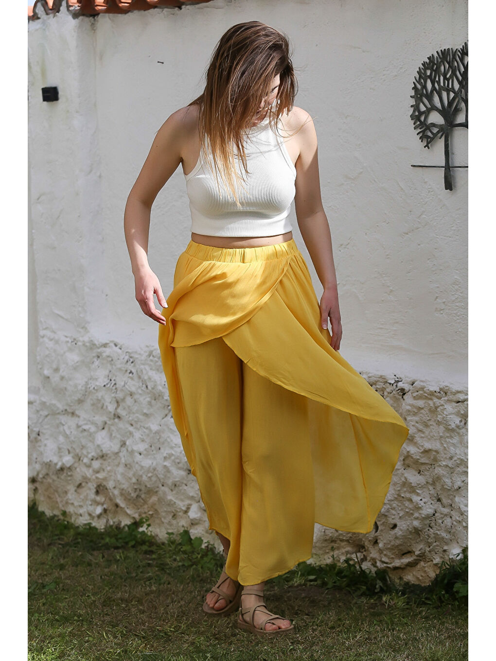 Sarı İnce Çift Katlı Lastikli Bel Geniş Paça Casual Dokuma Pantolon 100 60-1