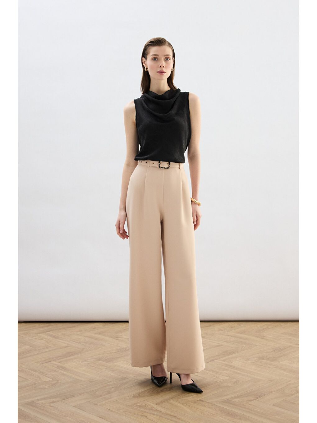 Kemerli Bol Pantolon - Bej-4