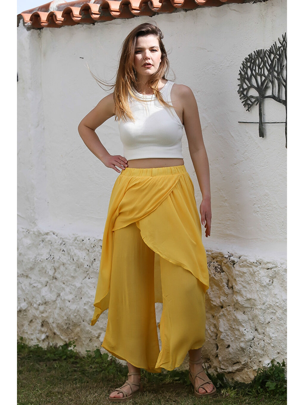 Sarı İnce Çift Katlı Lastikli Bel Geniş Paça Casual Dokuma Pantolon 100 60-2