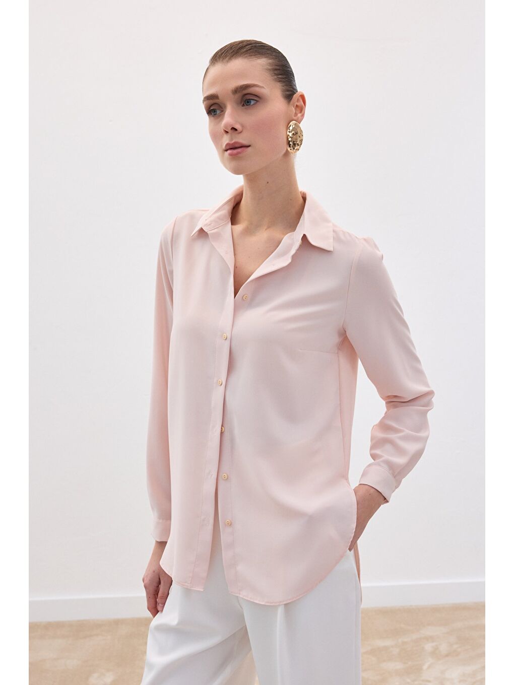 Pembe Düz Klasik Gömlek - Pudra-2