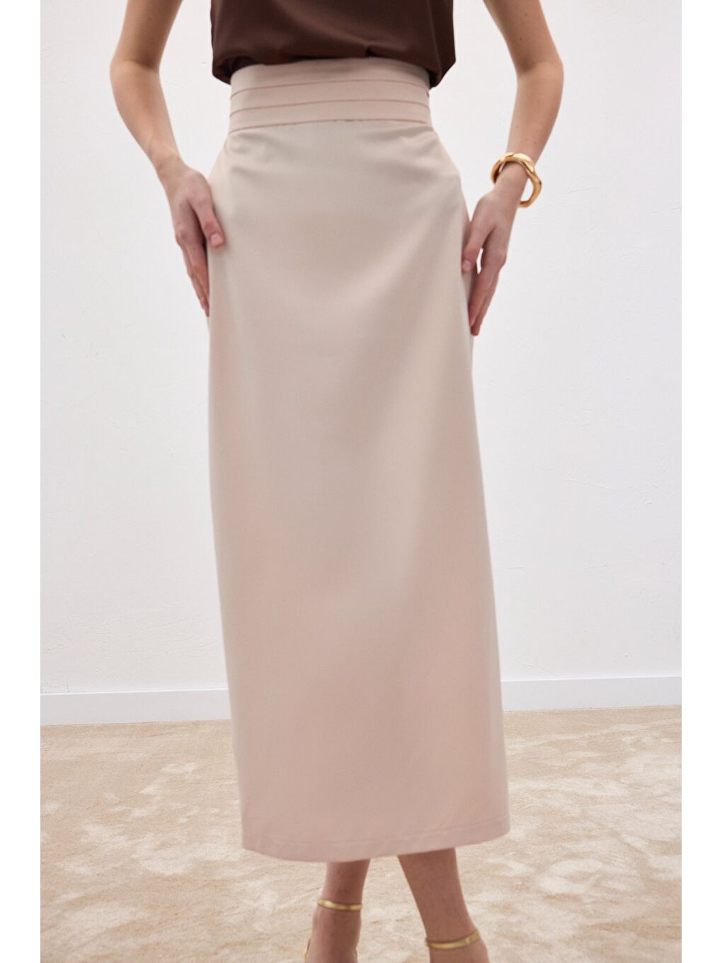 Bel Pile Detaylı Saten Etek - Bej-5