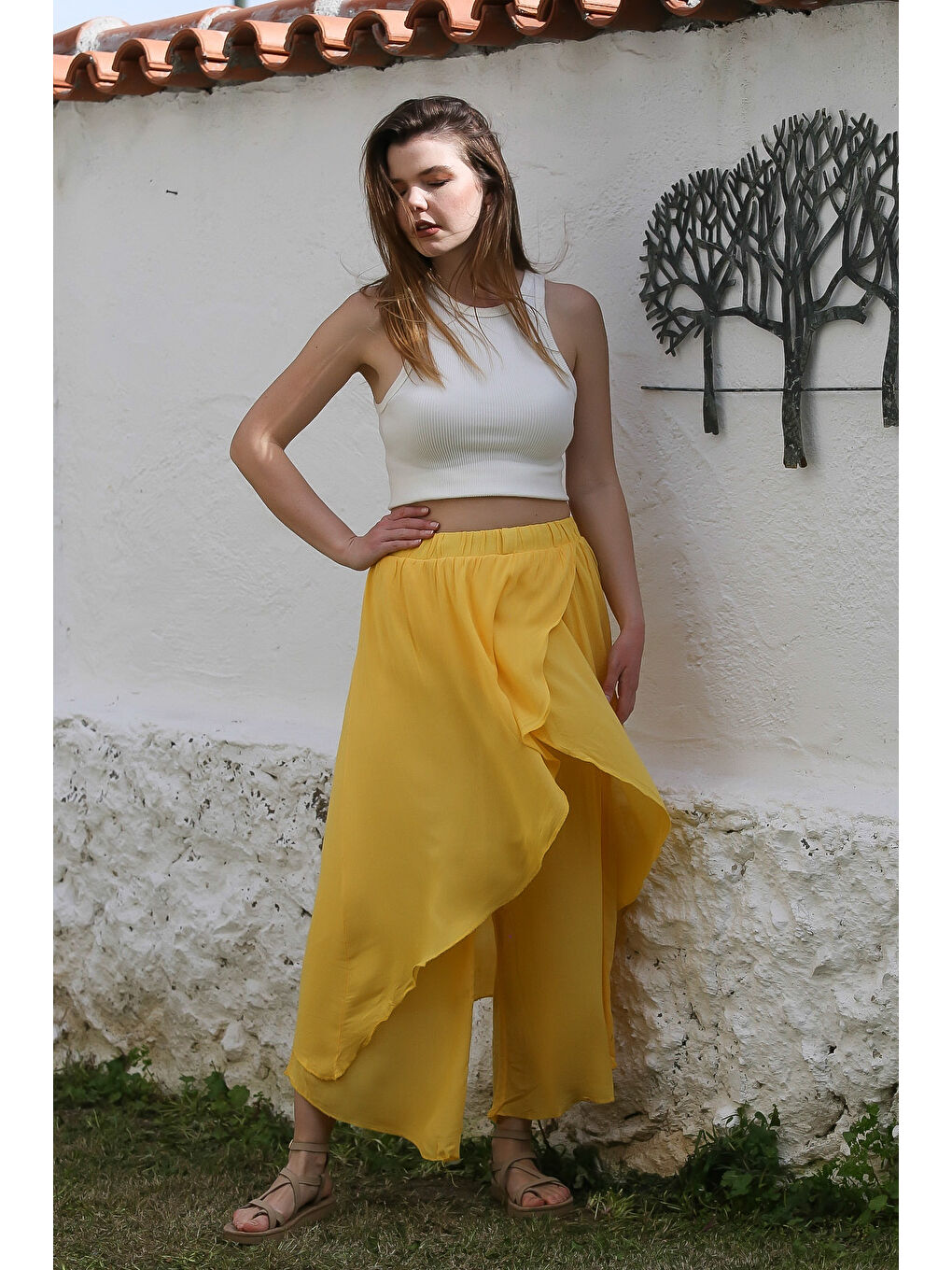 Sarı İnce Çift Katlı Lastikli Bel Geniş Paça Casual Dokuma Pantolon 100 60-3