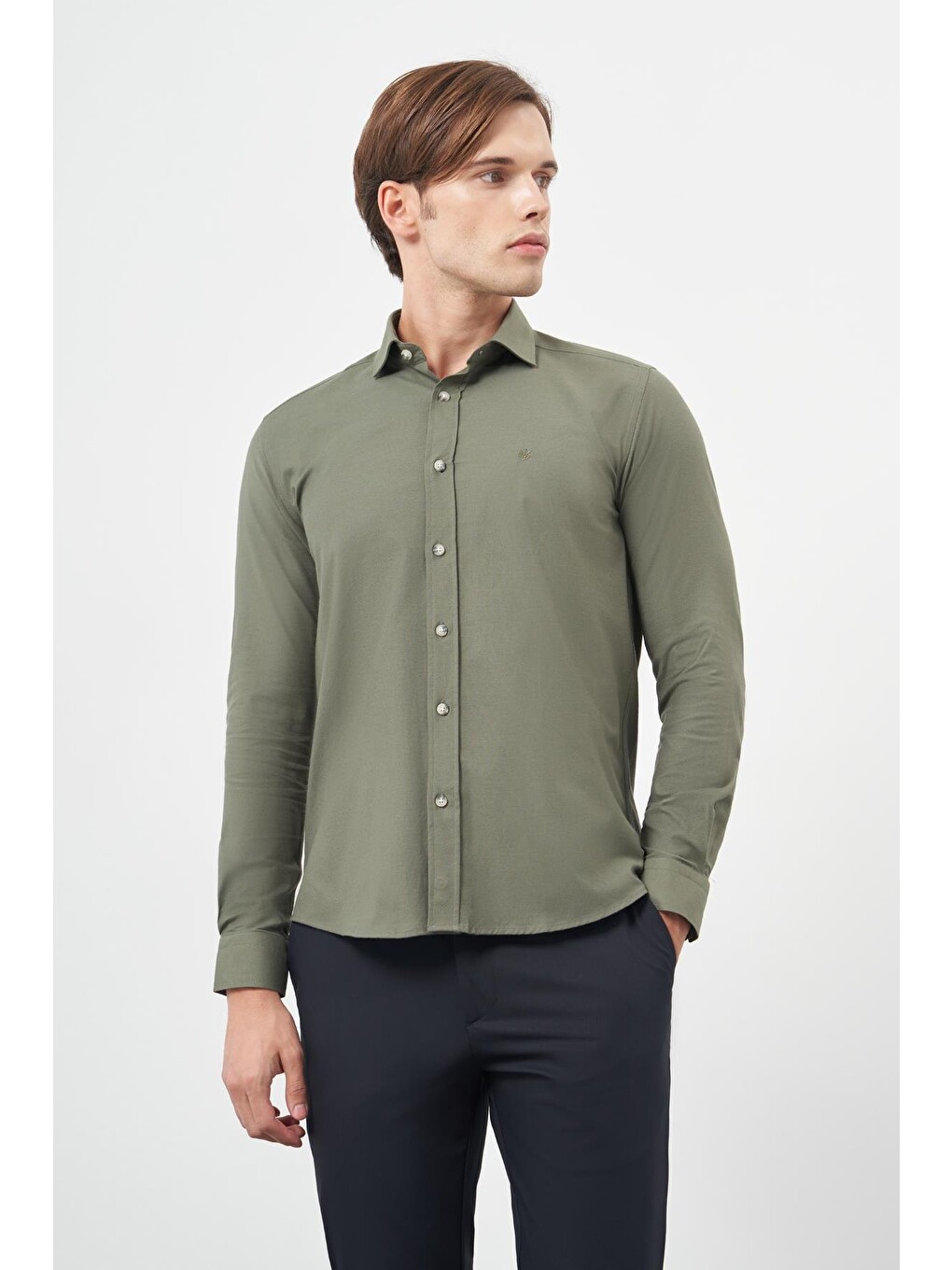 Koyu Haki Uzun Kol Düz Yarım İtalyan Yaka Cepsiz Pamuklu Classic Slim Fit Gömlek 1004245211-2