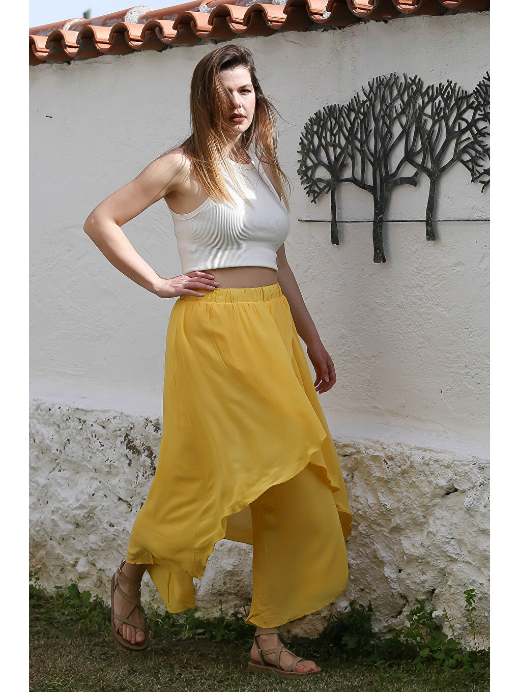 Sarı İnce Çift Katlı Lastikli Bel Geniş Paça Casual Dokuma Pantolon 100 60-4