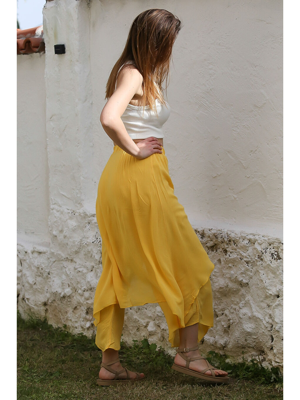 Sarı İnce Çift Katlı Lastikli Bel Geniş Paça Casual Dokuma Pantolon 100 60-5