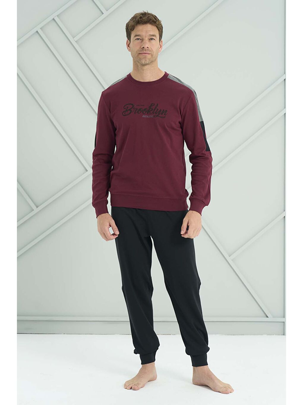 Siyah Erkek Penye Uzun Kol Pijama Takımı 2225 Bordo01-3