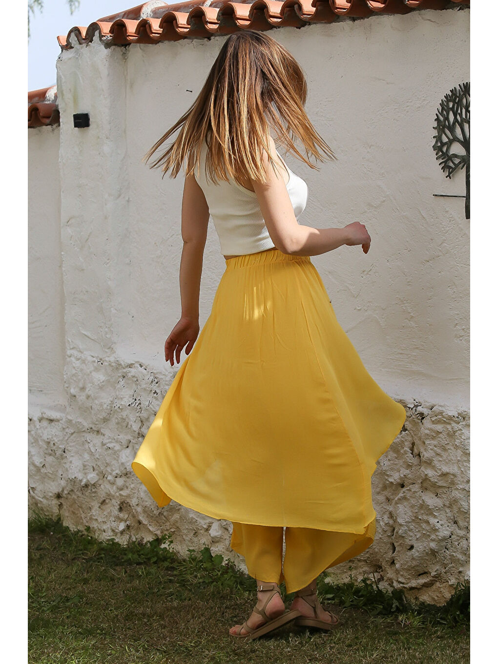 Sarı İnce Çift Katlı Lastikli Bel Geniş Paça Casual Dokuma Pantolon 100 60-6