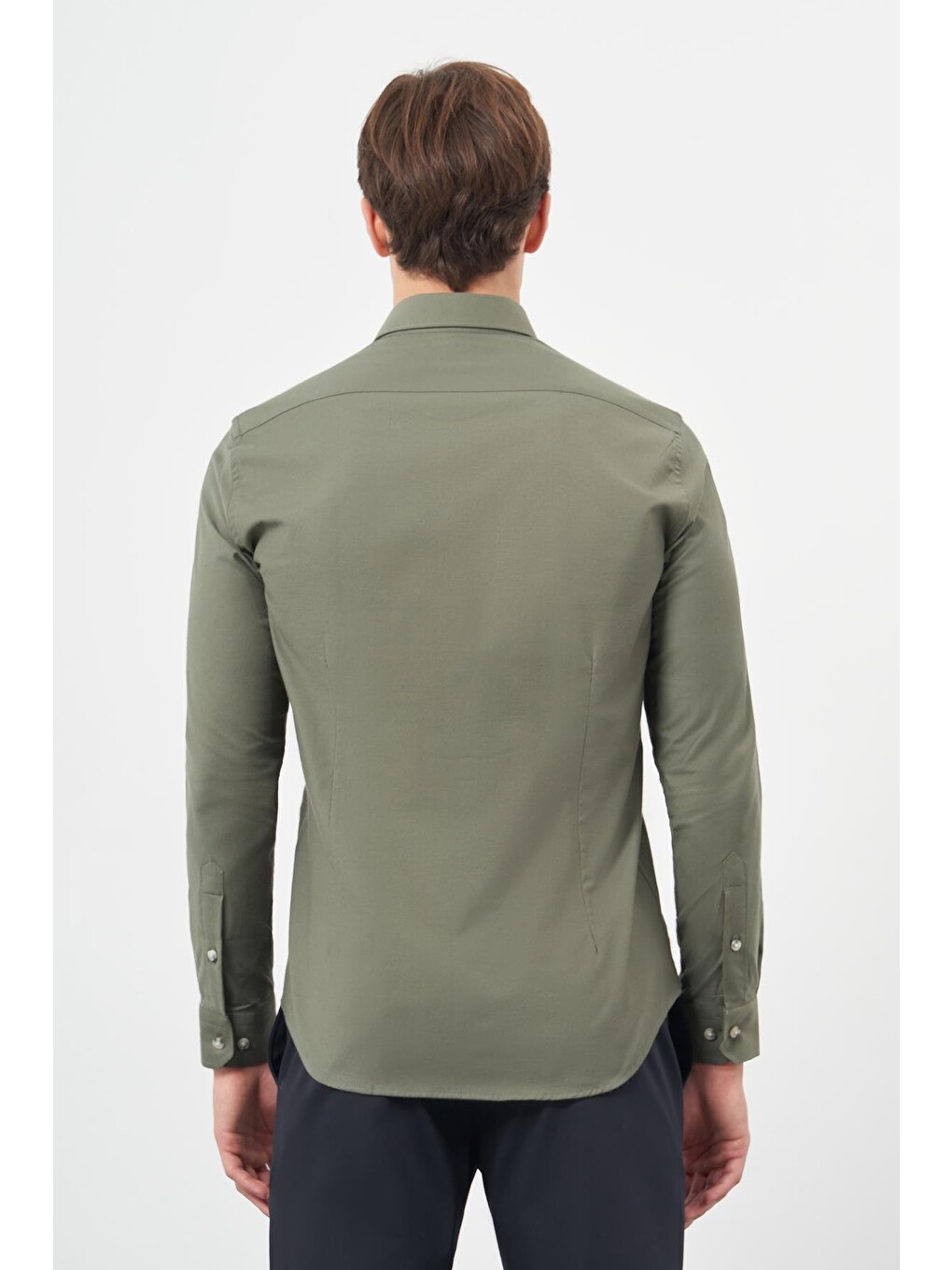 Koyu Haki Uzun Kol Düz Yarım İtalyan Yaka Cepsiz Pamuklu Classic Slim Fit Gömlek 1004245211-4