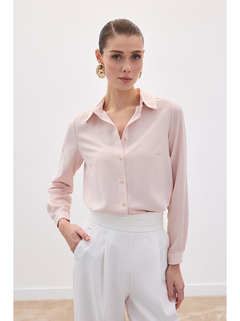 Pembe Düz Klasik Gömlek - Pudra-3