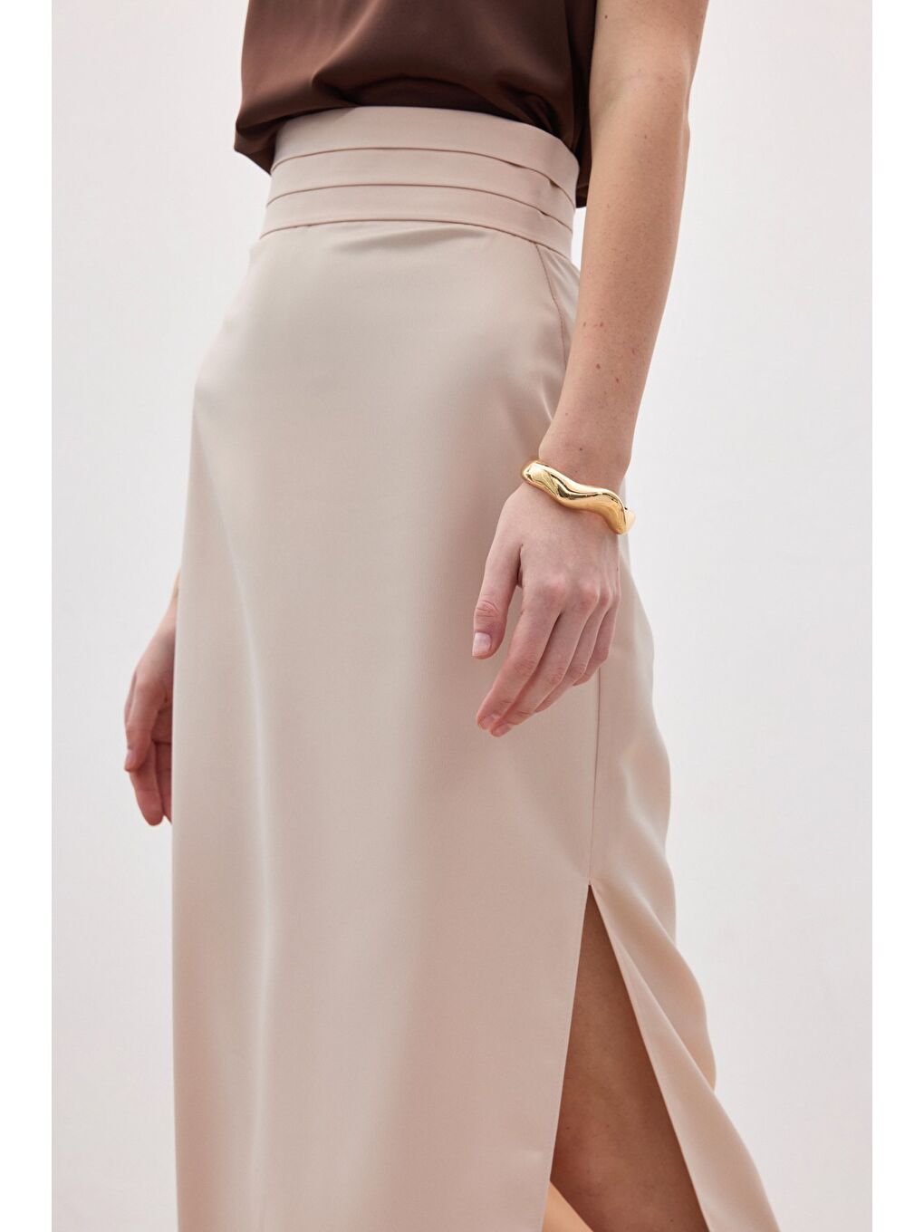 Bel Pile Detaylı Saten Etek - Bej-6